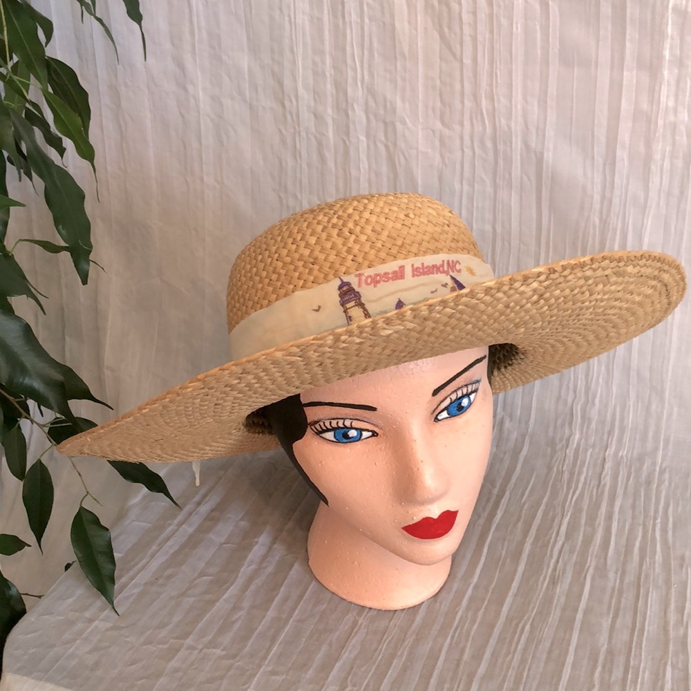 Wicker womans light colored wide brim summer sun hat with cream silk sash